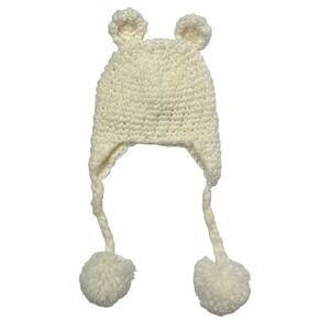 The Blueberry Hill Kids Cream Bear Ear Knit Beanie Pom Pom Tassel Hat Small